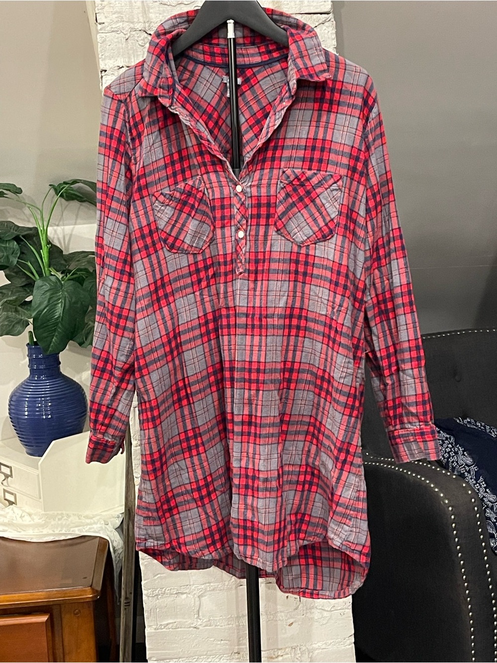 aerie Red and Gray Plaid Button-Down shirt dress cotton